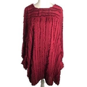 KLD deep red fringed satin long sleeve tunic dress Sz Large